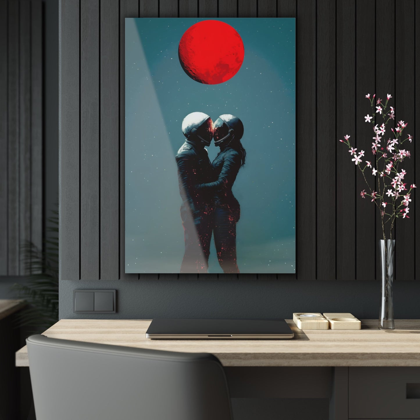 Vertical-oriented wall art: "Galactic Romance IV" depicts two astronauts embracing under a glowing red moon, their helmets gently touching as they share a moment of intimacy in space. The starry background contrasts with the fiery red moon, emphasizing the romantic and cosmic connection between the figures.