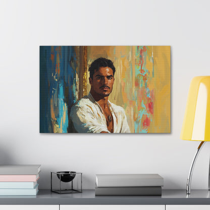 Horizontal-oriented wall art: "Stillness in Strength." A contemplative Latino man gazes forward with quiet confidence, surrounded by warm golden hues and cool blue accents. The oil painting style and radiant lighting create a refined and introspective composition.