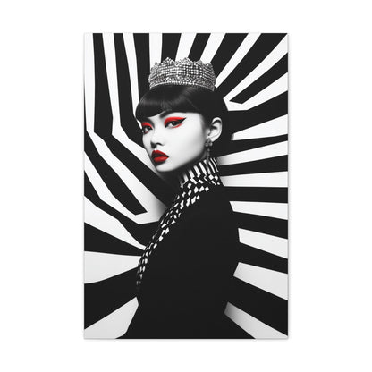 Vertical-oriented wall art: "Empress of Symmetry II" A striking portrait of an elegant Asian queen wearing a jeweled crown, set against a dynamic black-and-white geometric background with vivid red accents. This bold artwork combines regal sophistication with modern design, showcasing a captivating fusion of power and beauty.