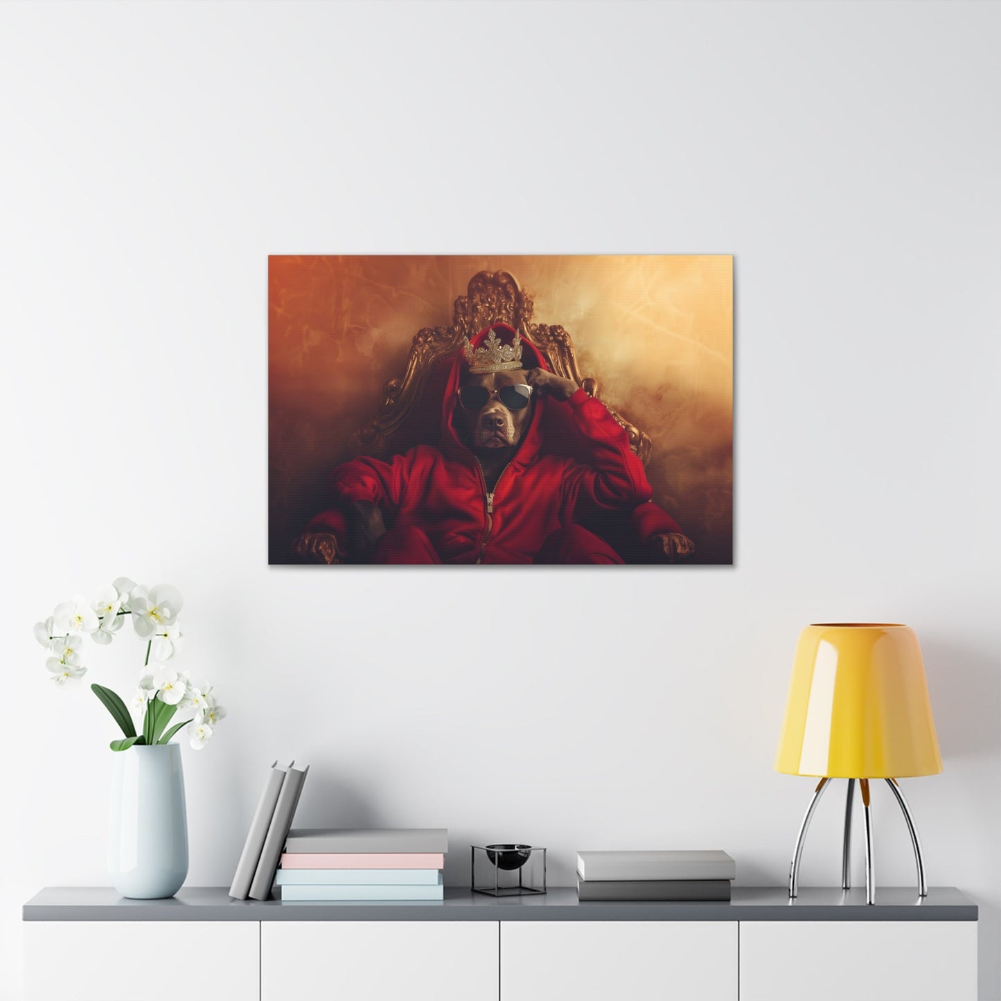 Horizontal-oriented wall art: "Crowned Companion" A regal dog sits on an ornate golden throne wearing a crown, sunglasses, and a red hoodie, exuding confidence and charm. This playful artwork combines luxury with a modern twist, celebrating the noble spirit of pets.