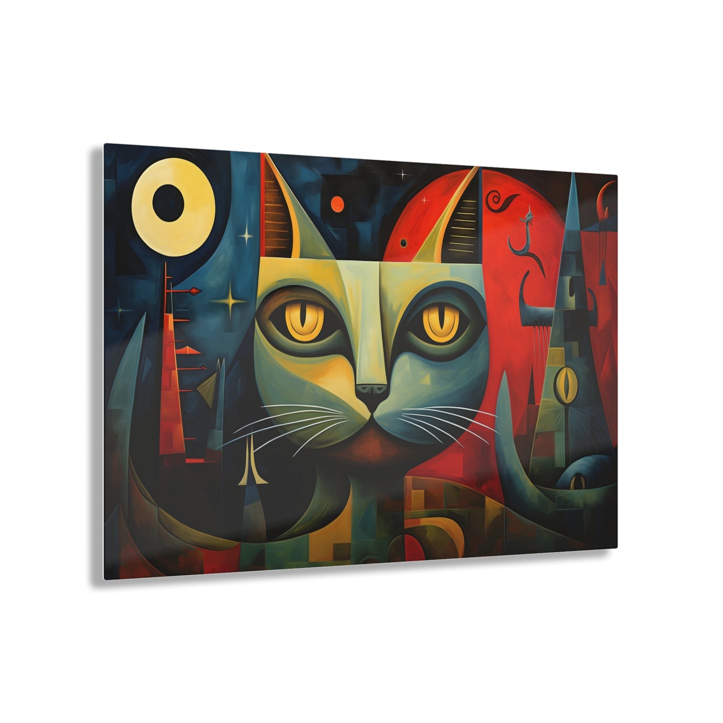 Horizontal-oriented wall art: A Cubist-inspired cat stares directly at the viewer, its eyes glowing with intensity against a backdrop of geometric shapes in deep blues, reds, and yellows. The abstract and surreal composition captures the feline's enigmatic nature, blending elements of modern art movements to create a vivid, otherworldly scene.