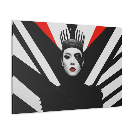 Horizontal-oriented wall art: "Empress of Symmetry" A regal Asian queen wearing a geometric crown stands against a striking black, white, and red abstract background, exuding elegance and power. The artwork features bold symmetry, vivid contrasts, and intricate details that embody modern sophistication and cultural grace.