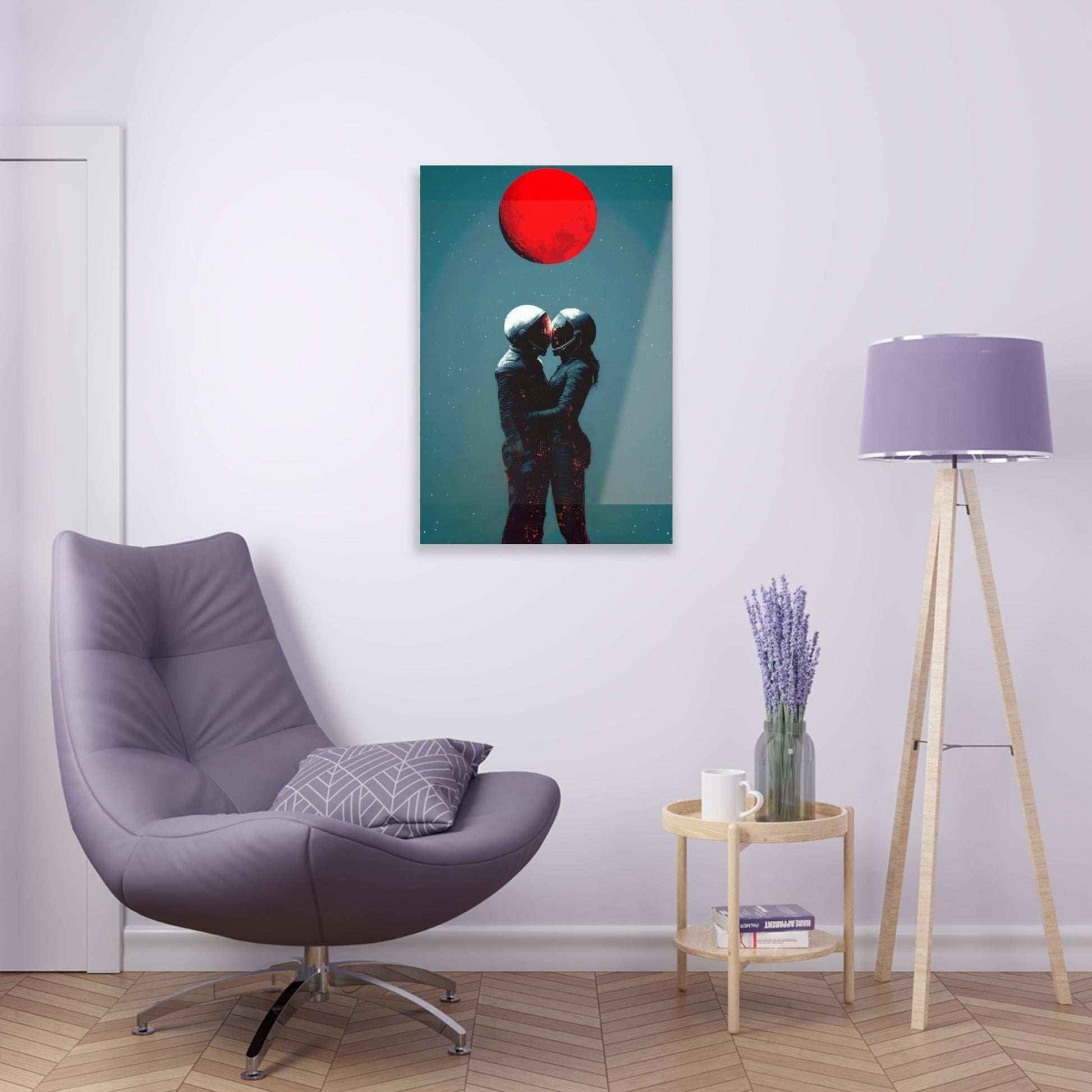 Vertical-oriented wall art: "Galactic Romance IV" depicts two astronauts embracing under a glowing red moon, their helmets gently touching as they share a moment of intimacy in space. The starry background contrasts with the fiery red moon, emphasizing the romantic and cosmic connection between the figures.