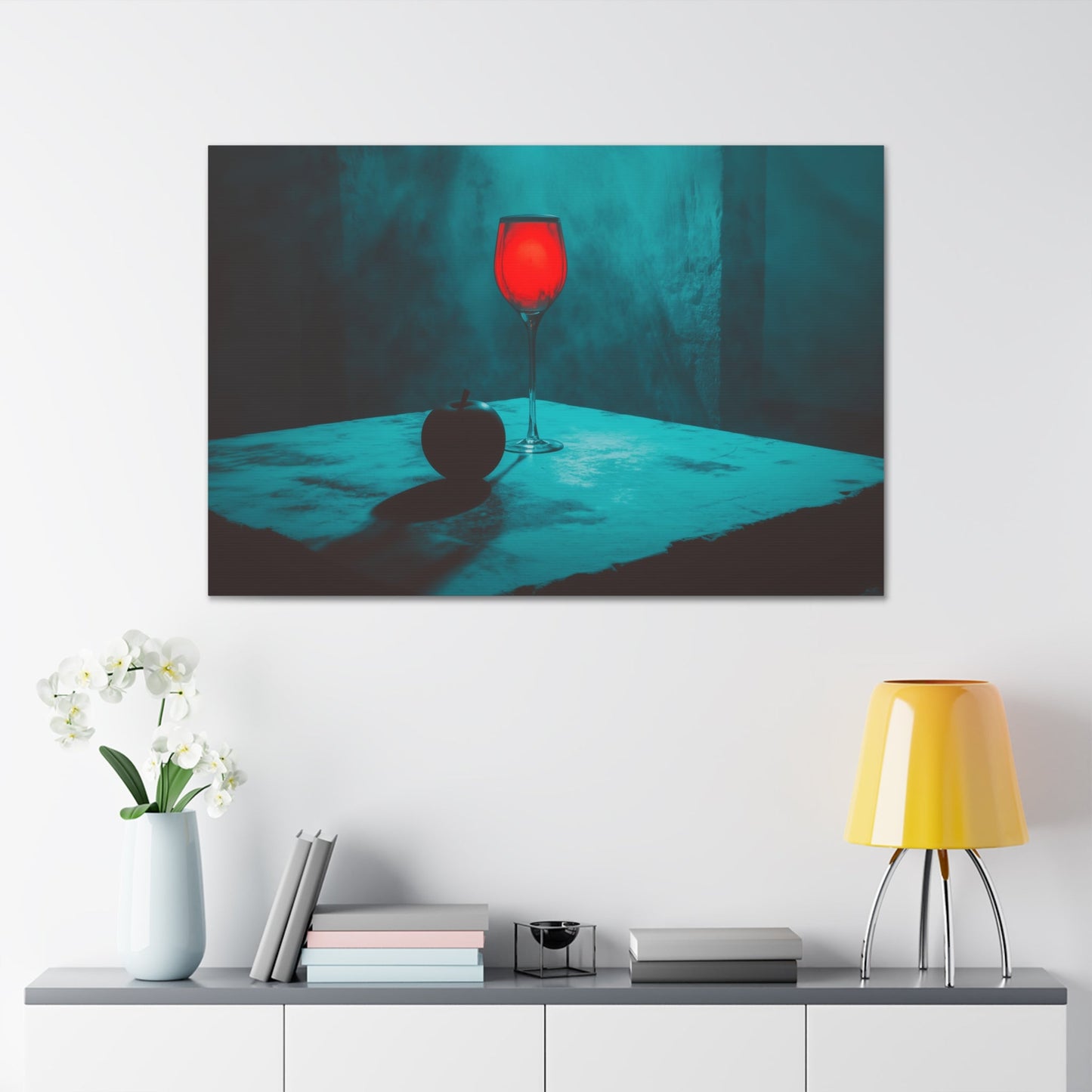 Horizontal-oriented wall art: "Eden’s Reflection" A glowing crimson wine glass and a shadowed black apple rest on a textured table, surrounded by a misty teal atmosphere. This gothic still-life composition captures an air of mystery and temptation with its striking interplay of light and shadow.