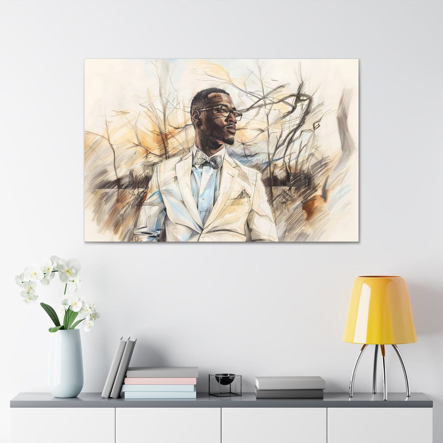 Horizontal-oriented artwork: Digital artwork depicting a stylish man wearing glasses and a white suit against a backdrop of trees.