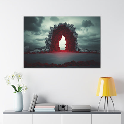 Horizontal-oriented wall art: "Portal of Possibilities" A glowing red portal framed by jagged stone stands in a barren landscape under a moody, overcast sky. The surreal scene evokes mystery and possibility, as if the gateway leads to another dimension.