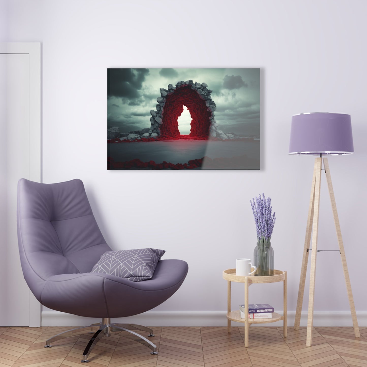 Horizontal-oriented wall art: "Portal of Possibilities" A glowing red portal framed by jagged stone stands in a barren landscape under a moody, overcast sky. The surreal scene evokes mystery and possibility, as if the gateway leads to another dimension.