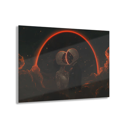 Horizontal-oriented wall art: Two astronauts, dressed in a tuxedo and a wedding dress, share a romantic kiss in space with their helmets forming a glowing heart shape. The dark, starry sky and the bright, orange-red halo create a whimsical and dreamy atmosphere.