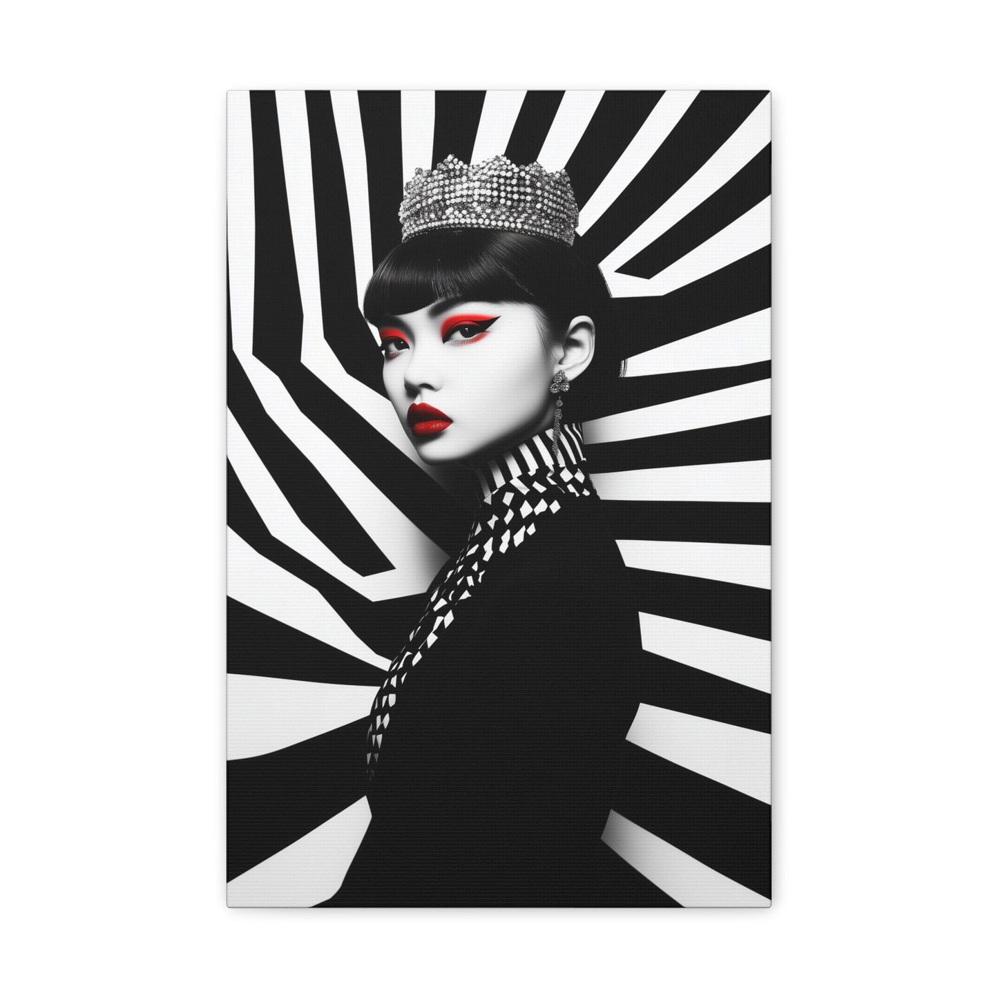 Vertical-oriented wall art: "Empress of Symmetry II" A striking portrait of an elegant Asian queen wearing a jeweled crown, set against a dynamic black-and-white geometric background with vivid red accents. This bold artwork combines regal sophistication with modern design, showcasing a captivating fusion of power and beauty.