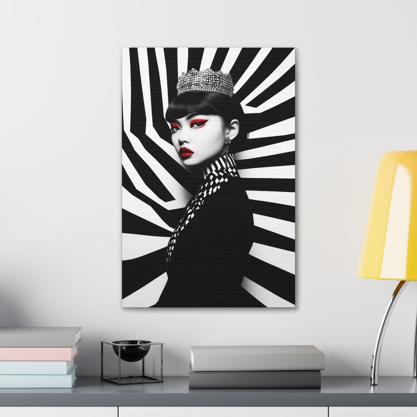 Vertical-oriented wall art: "Empress of Symmetry II" A striking portrait of an elegant Asian queen wearing a jeweled crown, set against a dynamic black-and-white geometric background with vivid red accents. This bold artwork combines regal sophistication with modern design, showcasing a captivating fusion of power and beauty.