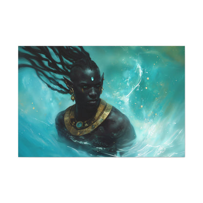 Horizontal-oriented wall art: "Obsidian Elegance II" A striking portrait of a Black elf adorned with intricate golden jewelry, surrounded by swirling, vibrant turquoise water. The composition highlights the figure's regal presence and otherworldly grace in a captivating fantasy setting.