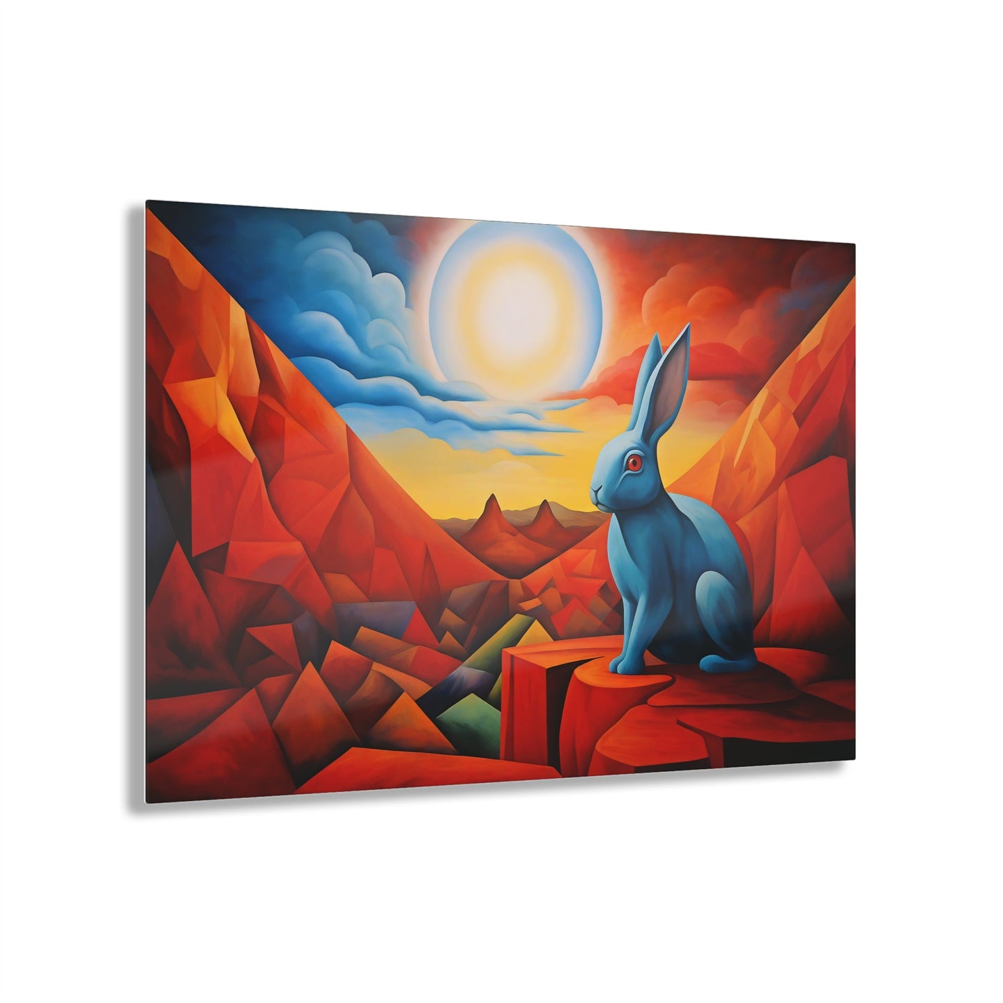 Horizontal-oriented wall art: "Vortic Hare III" features a vibrant blue rabbit sitting calmly on angular red rocks in a surreal, geometric landscape with a glowing sun in the background. The bold contrast of vivid blue, red, and orange tones evokes a dynamic fusion of Vorticism, Cubism, and Surrealism.