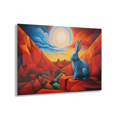 Horizontal-oriented wall art: "Vortic Hare III" features a vibrant blue rabbit sitting calmly on angular red rocks in a surreal, geometric landscape with a glowing sun in the background. The bold contrast of vivid blue, red, and orange tones evokes a dynamic fusion of Vorticism, Cubism, and Surrealism.