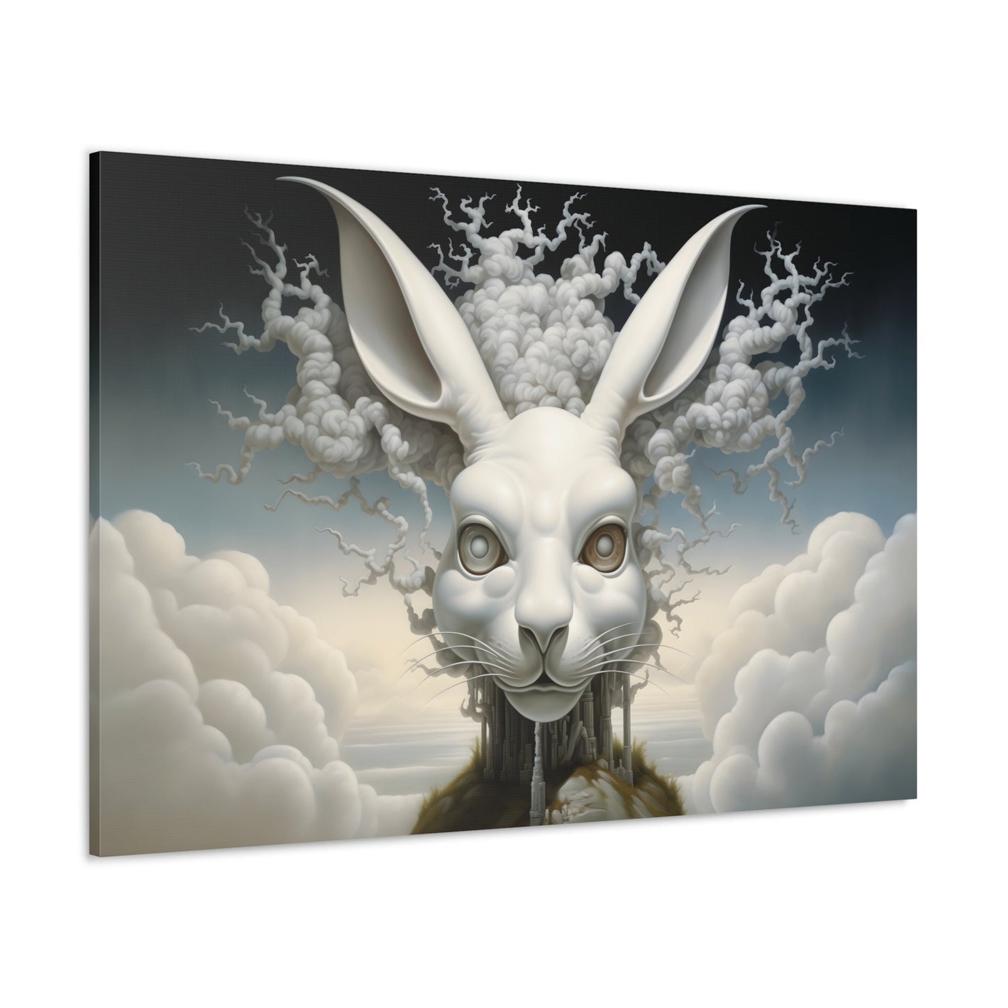 Horizontal-oriented wall art: A surreal, oversized white hare with mechanical eyes is depicted in the center, surrounded by swirling cloud-like forms. The background features a dreamy, ethereal landscape with hints of industrial architecture, blending natural and abstract elements.