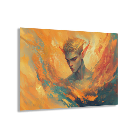 Horizontal-oriented wall art: "Ivory Elegance" A vibrant portrait of an elf with golden hair and elongated ears, surrounded by swirling orange, yellow, and teal hues. The intricate textures and bold colors create a sense of ethereal grace and mythical elegance.