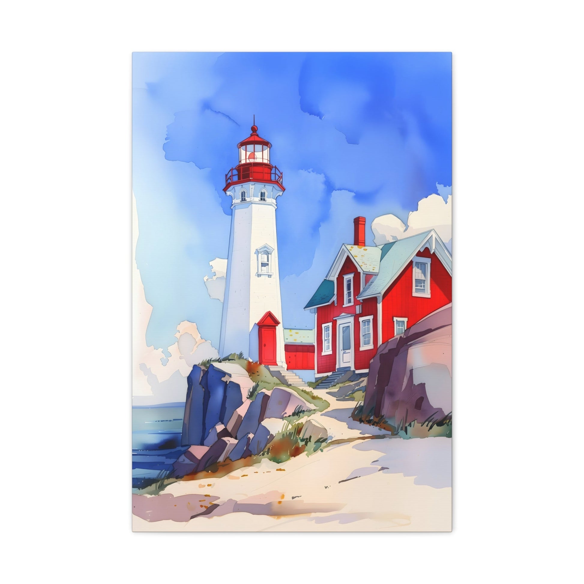 Vertical-oriented wall art: A watercolor-style painting of a lighthouse perched on rocky cliffs overlooking a vast ocean. The sky is painted in shades of blue with wispy white clouds, and the rugged coastline is depicted in intricate detail.