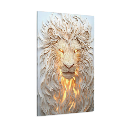 Vertical-oriented wall art: "Cut to the King IV" A detailed paper-cut-style depiction of a lion with a layered mane, illuminated with a warm, golden glow from its eyes and fur. The intricate design and radiant lighting create a sense of majesty and strength, capturing the lion’s powerful presence.