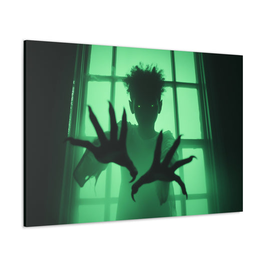 Horizontal-oriented wall art: Shadows in the Mist III features a child-like vampire with glowing green eyes, reaching menacingly through dense fog in front of a gothic window. The dramatic backlighting and vivid green tones create an atmospheric and hauntingly surreal effect.