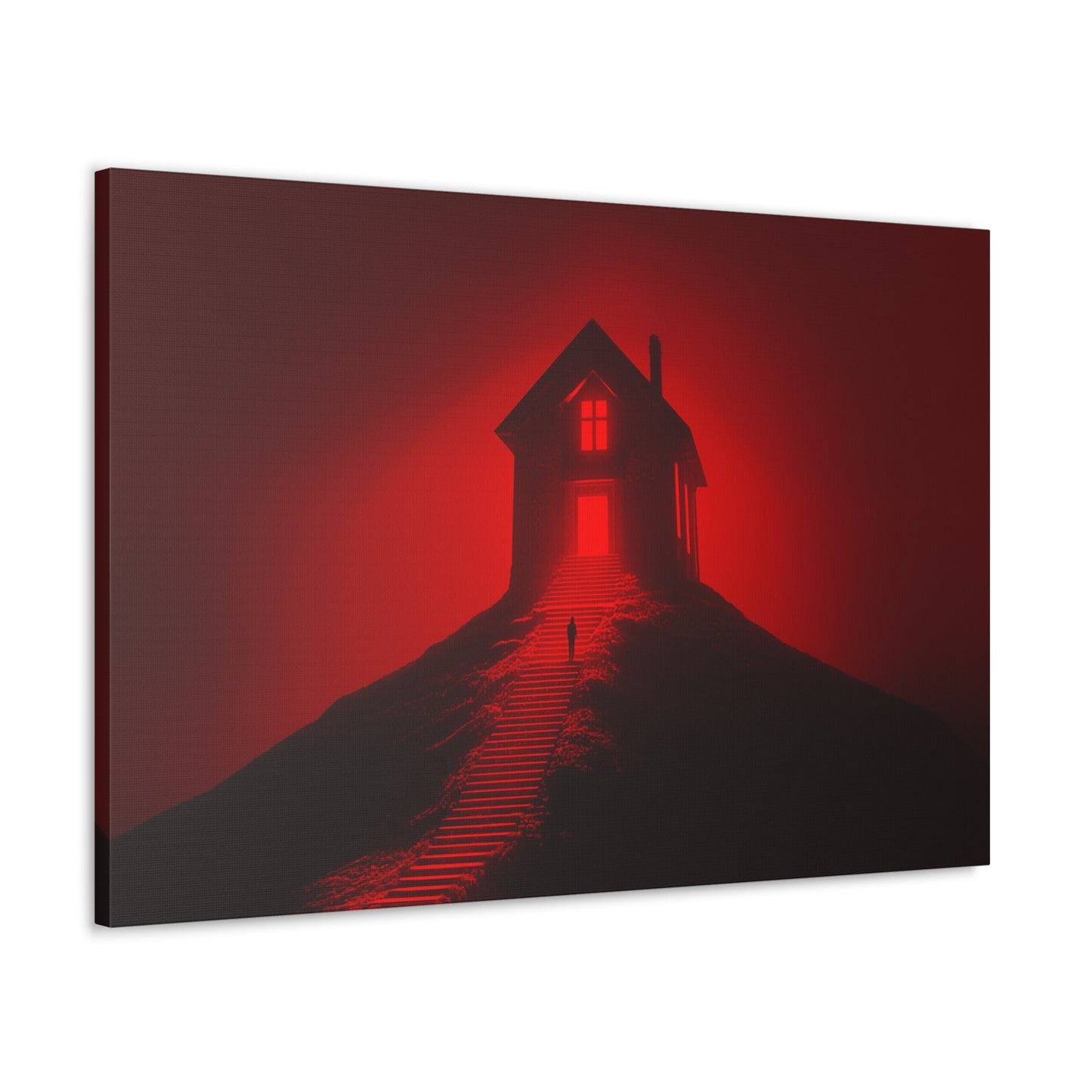 Horizontal-oriented wall art: Artwork titled Crimson Ascent from the Ruby Realms collection, featuring a glowing red house atop a hill with a solitary figure ascending a shadowed staircase. The piece creates an eerie and surreal atmosphere with its intense red glow and dramatic contrast.