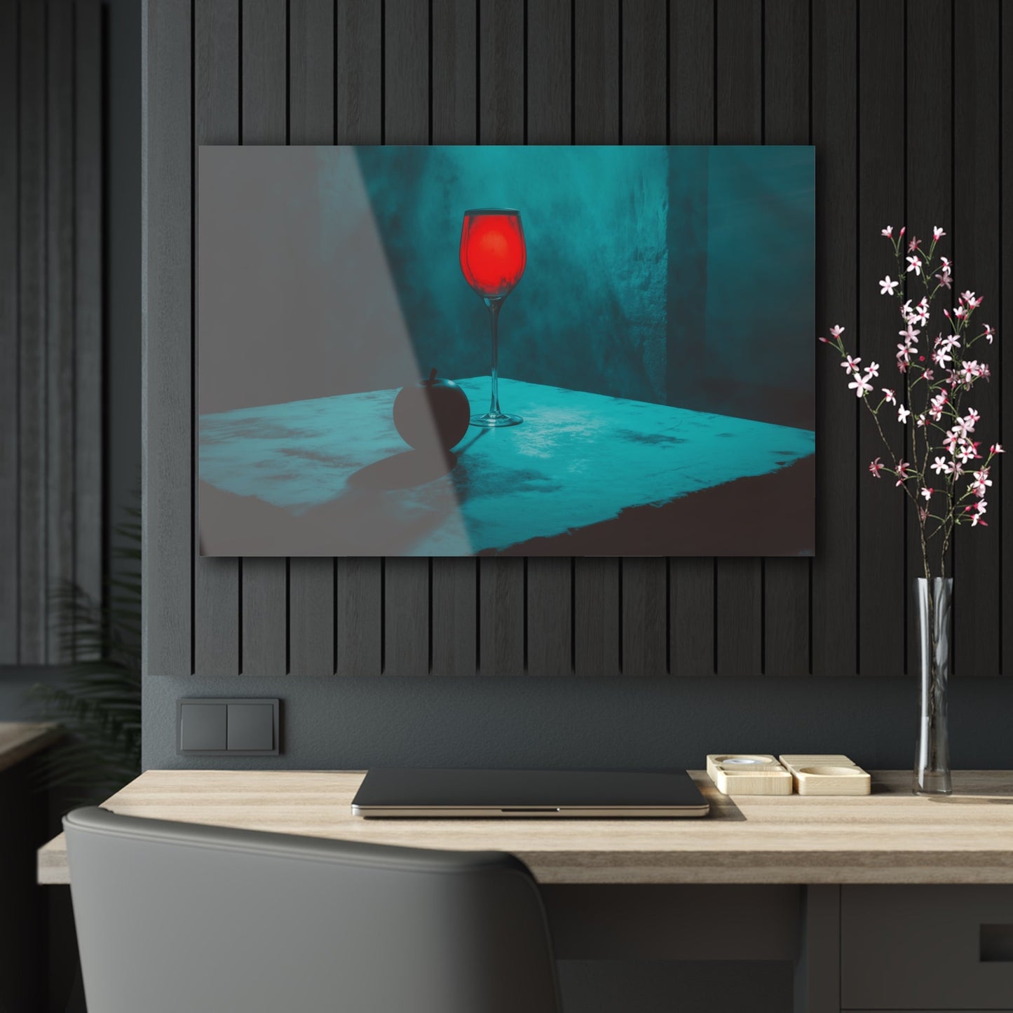 Horizontal-oriented wall art: "Eden’s Reflection" A glowing crimson wine glass and a shadowed black apple rest on a textured table, surrounded by a misty teal atmosphere. This gothic still-life composition captures an air of mystery and temptation with its striking interplay of light and shadow.