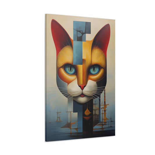 Vertical-oriented wall art: "Feline Flux IV" features a stylized cat's face composed of bold geometric shapes and vibrant colors, with large, intense teal eyes that draw the viewer in. The abstract architectural elements blend seamlessly with the cat's features, creating a fusion of Cubism and surrealism.