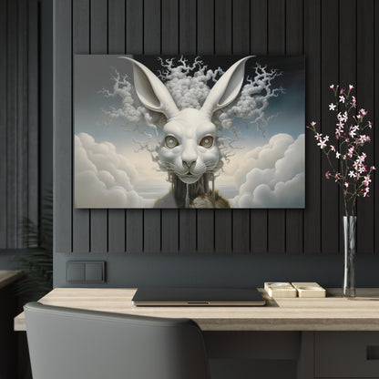 Horizontal-oriented wall art: A surreal, oversized white hare with mechanical eyes is depicted in the center, surrounded by swirling cloud-like forms. The background features a dreamy, ethereal landscape with hints of industrial architecture, blending natural and abstract elements.