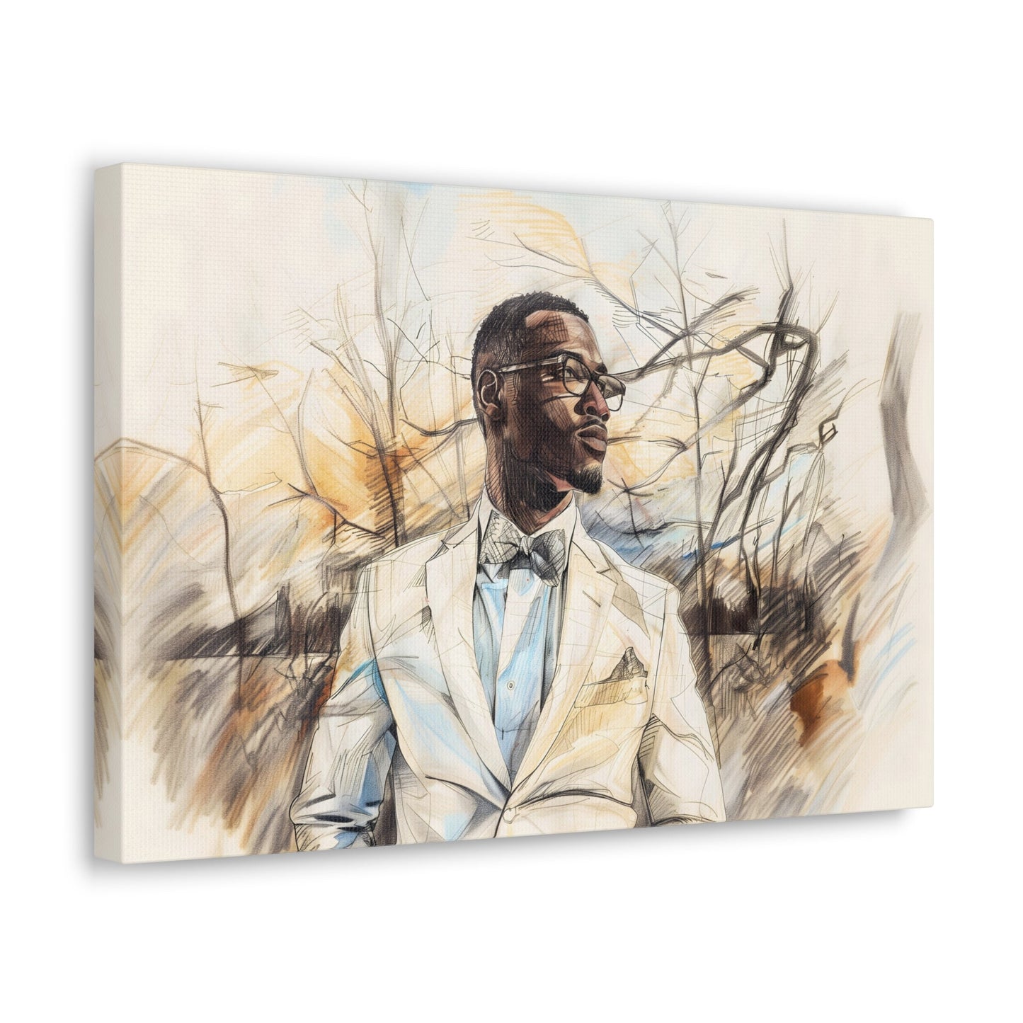 Horizontal-oriented artwork: Digital artwork depicting a stylish man wearing glasses and a white suit against a backdrop of trees.