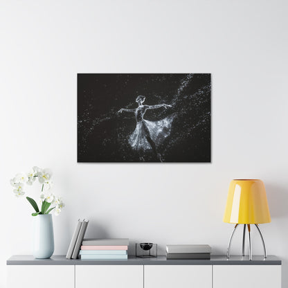 Horizontal-oriented wall art: "Cosmic Ballet III" A ballerina made of radiant, star-like dots gracefully dances against a dark, star-filled backdrop, her silhouette shining in monochromatic light. The scene captures the ethereal beauty of a cosmic dance, with stars trailing from her flowing skirt.