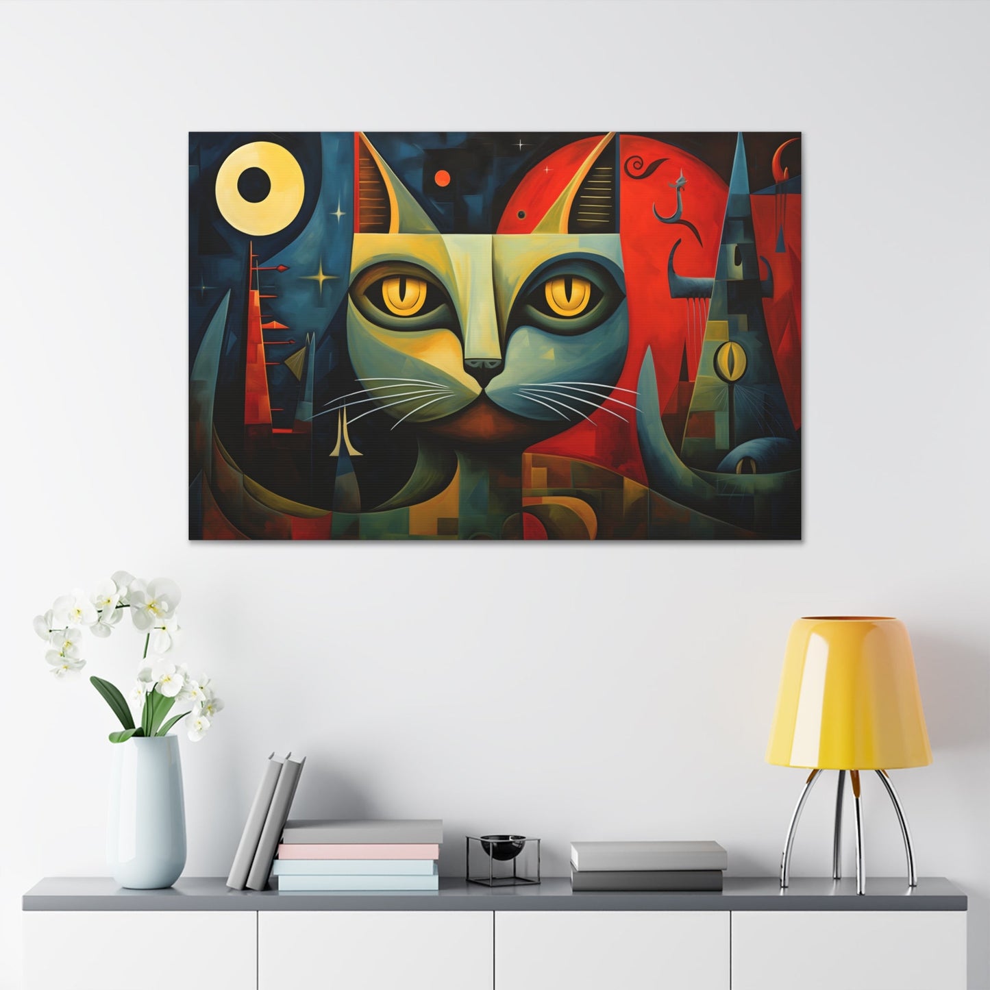 Horizontal-oriented wall art: A Cubist-inspired cat stares directly at the viewer, its eyes glowing with intensity against a backdrop of geometric shapes in deep blues, reds, and yellows. The abstract and surreal composition captures the feline's enigmatic nature, blending elements of modern art movements to create a vivid, otherworldly scene.