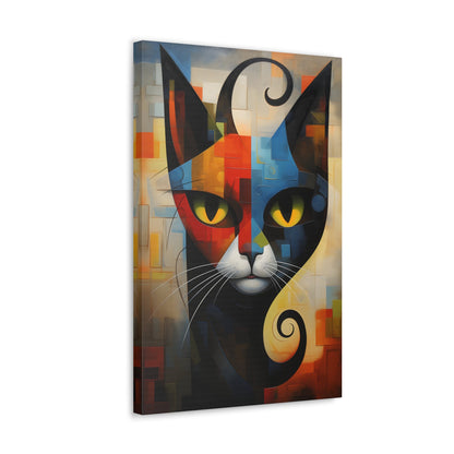 Vertical-oriented wall art: A vibrant cubist-style portrait of a cat, featuring a geometric composition with bold shapes and colors. The cat's eyes are bright yellow, set against a dynamic background of intersecting blocks in shades of red, blue, orange, and yellow.