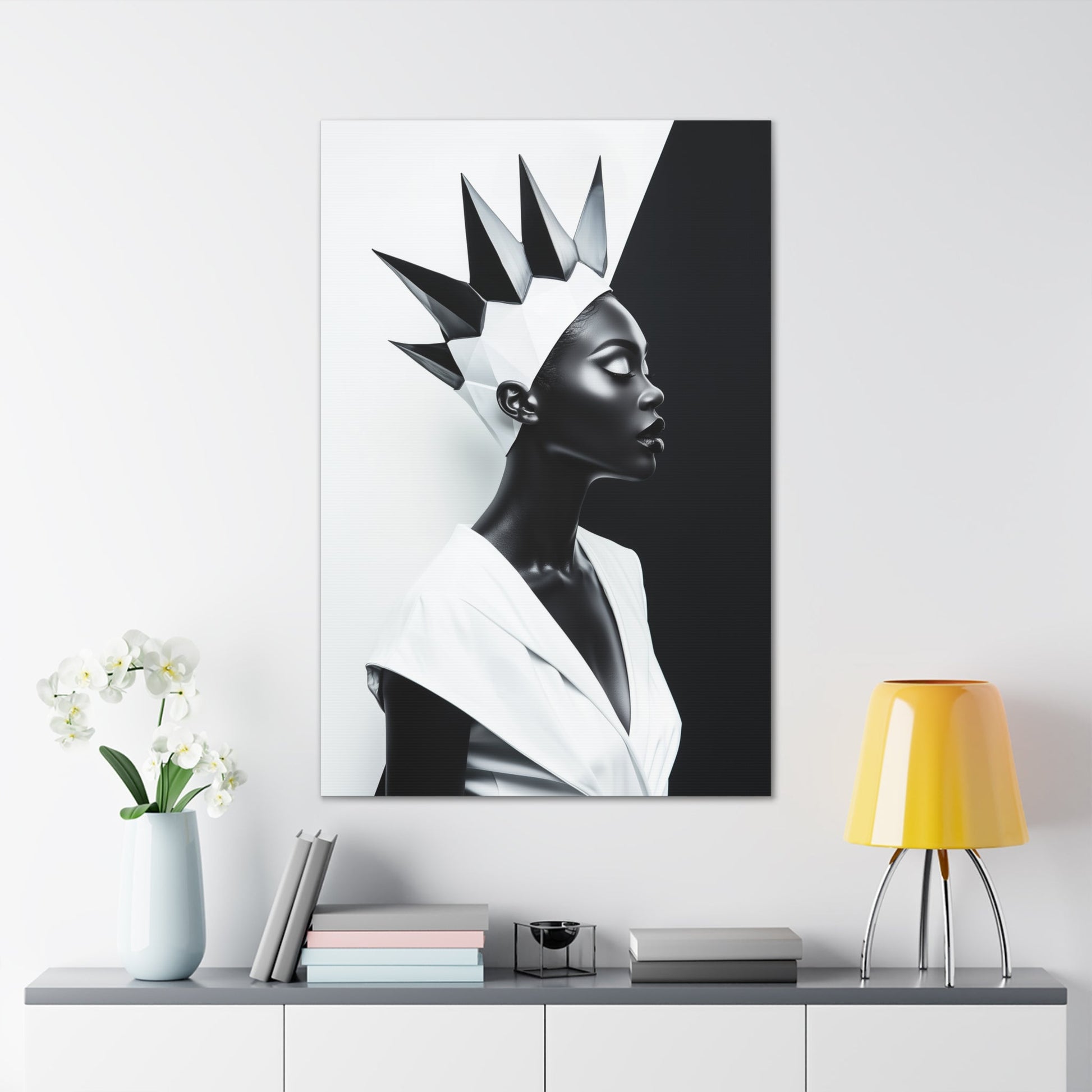 Vertical-oriented wall art: "Majestic Symmetry II" A striking portrait of a modern Black queen with a sharp geometric crown, set against a bold monochromatic background. The artwork highlights her regal elegance and symmetry, blending contemporary design with timeless sophistication.