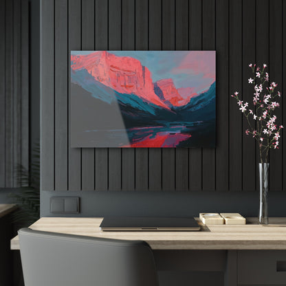 Horizontal-oriented wall art: "Timeless Peaks" Landscape artwork titled Timeless Peaks from the Bold Horizons collection, featuring vibrant crimson and pink mountains reflected in a tranquil lake. The piece highlights bold brushstrokes and a dynamic interplay of warm and cool colors, evoking majesty and serenity.