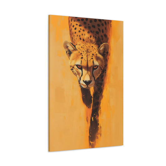 Vertical-oriented wall art: A striking portrait of a cheetah, set against a vibrant orange background, captures the animal’s focused gaze and sleek body as it moves forward. The minimalistic backdrop with dynamic brushstrokes accentuates the cheetah’s speed and agility, while its realistic details stand out in contrast to the abstract surroundings.