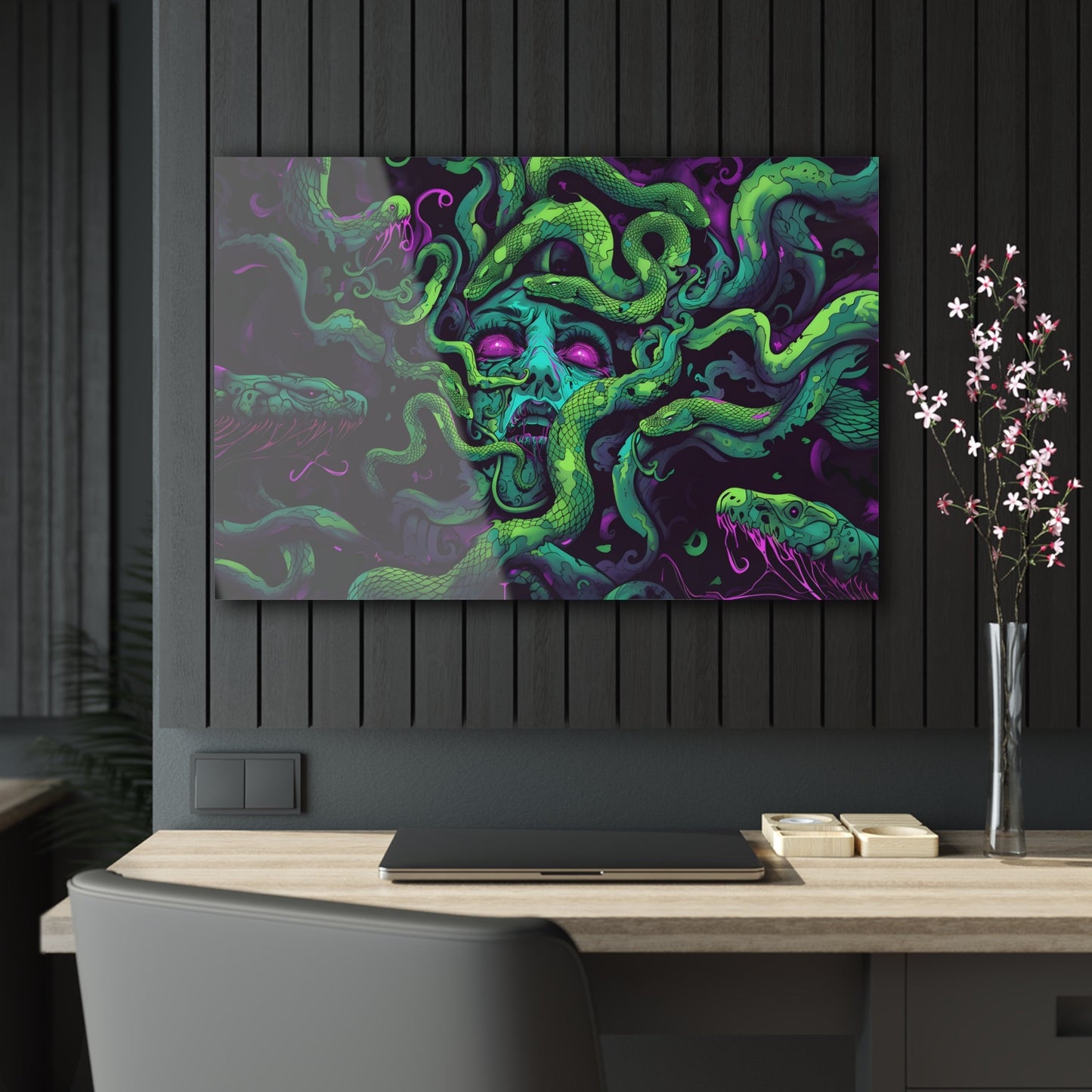 Horizontal-oriented artwork: An eerie digital illustration depicting the mythical figure Medusa, with vivid green and purple hues. Medusa's captivating gaze is surrounded by swirling, eldritch energies, evoking an aura of mystery and allure.