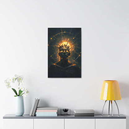 Vertical-oriented wall art: An undead mummified king stands regally in the desert sands, bathed in the warm golden light of the sun.