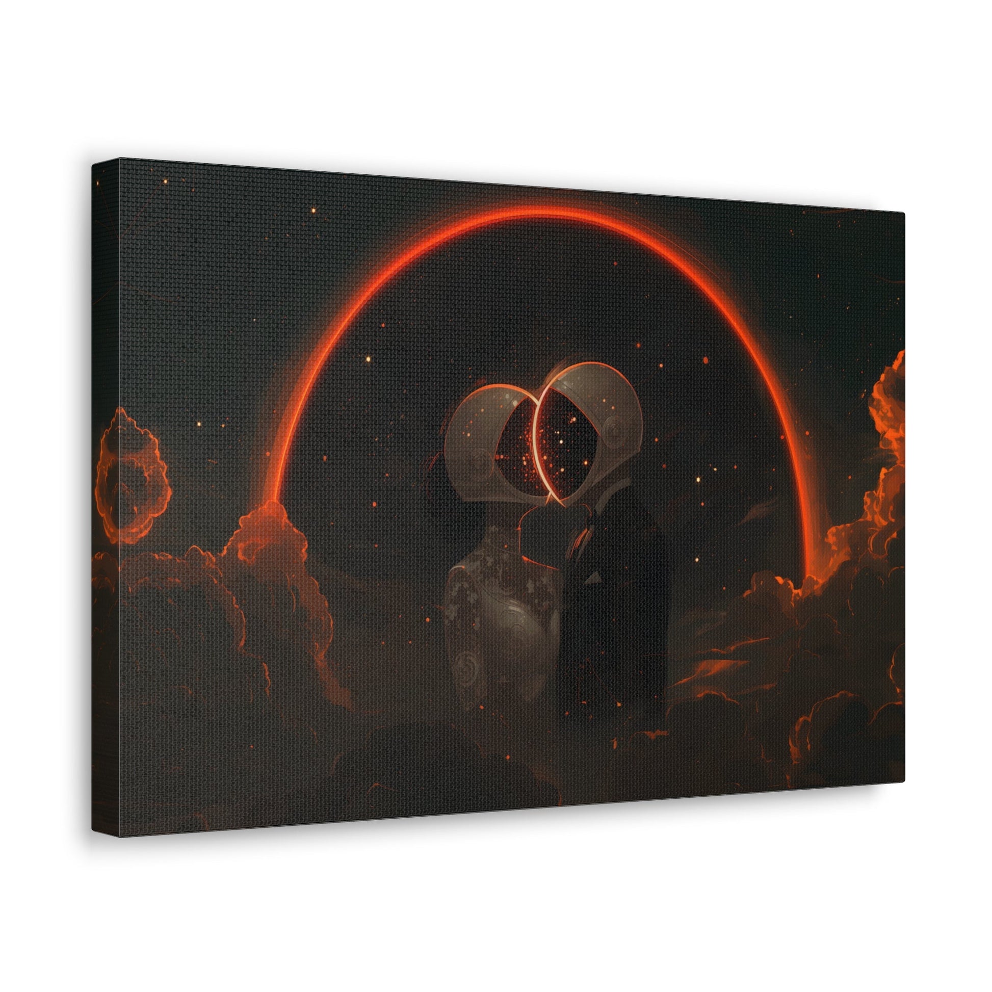 Horizontal-oriented wall art: Two astronauts, dressed in a tuxedo and a wedding dress, share a romantic kiss in space with their helmets forming a glowing heart shape. The dark, starry sky and the bright, orange-red halo create a whimsical and dreamy atmosphere.