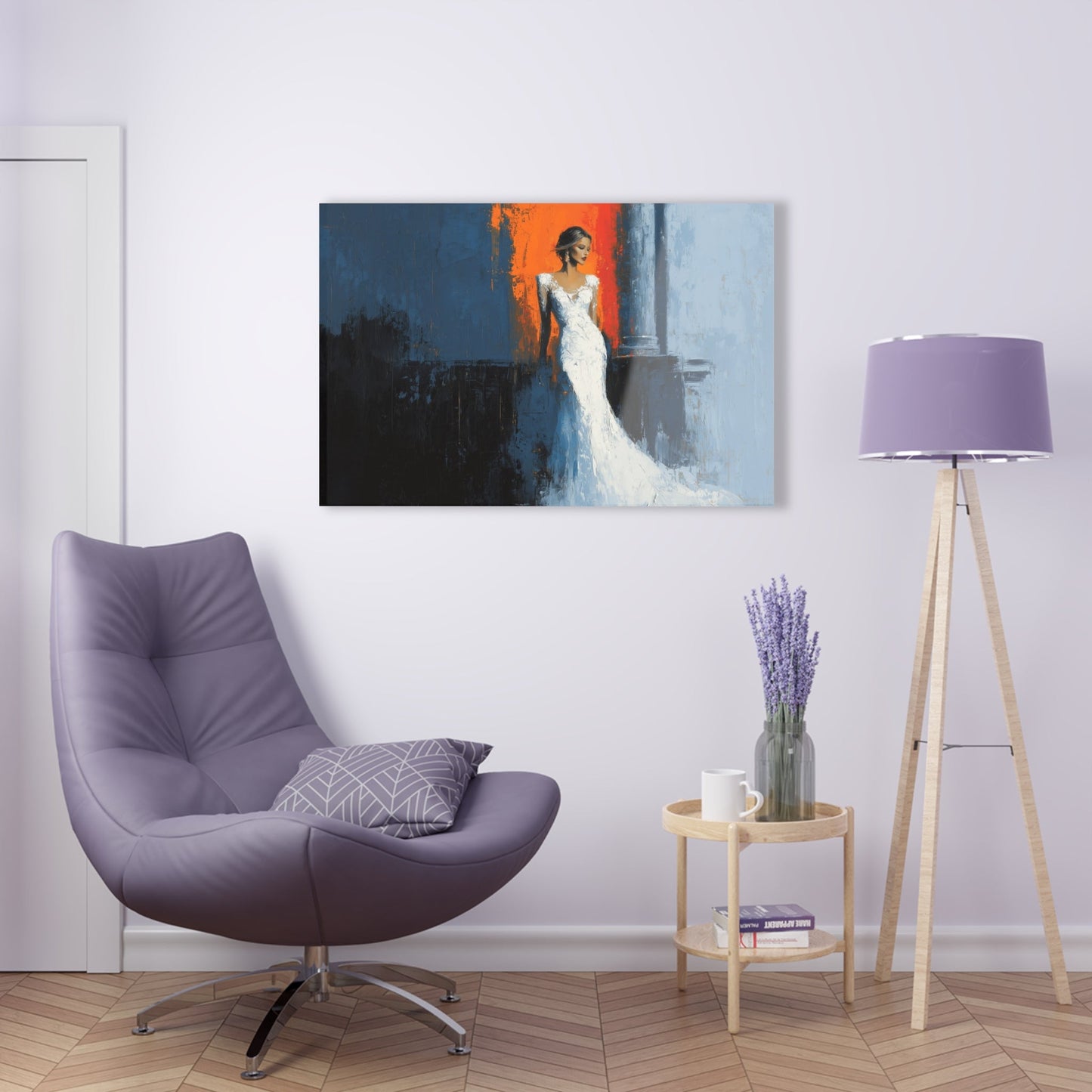 Horizontal-oriented wall art: "Ivory Vision." A poised woman stands gracefully in an ivory gown, illuminated by warm light against a vibrant orange and cool blue background. The palette knife painting technique enhances the textured details, evoking elegance and serenity.