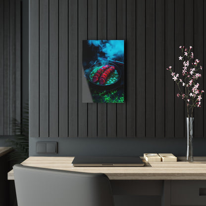 Vertical-oriented wall art: "Xeno Cuisine II." A glowing plate of vibrant red alien meat and bioluminescent green vegetables sits on a dark, misty backdrop. The surreal lighting and vivid colors evoke a futuristic, otherworldly atmosphere.