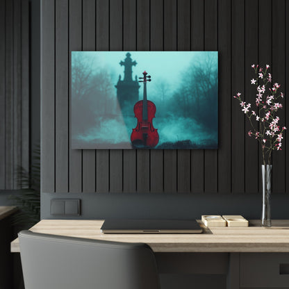 Horizontal-oriented wall art: "The Mourning Violin." A vivid red violin stands alone in a misty graveyard, framed by a dark, Gothic cross in the background. Diffused teal lighting and soft shadows create a haunting and melancholic atmosphere.