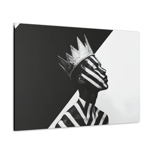 Horizontal-oriented wall art: "Crown of Dignity V" A black-and-white abstract portrait of a Black man wearing a metallic crown, his face and body adorned with bold, geometric stripes. The striking contrast and minimalist design emphasize his regal presence and dignified expression against a stark background.