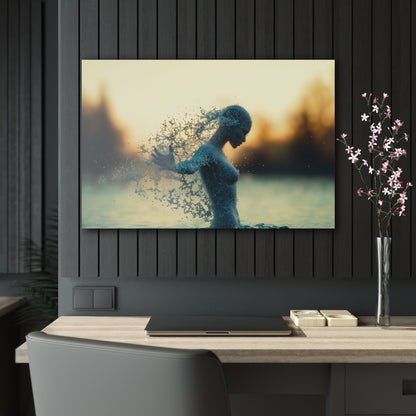 Horizontal-oriented wall art: "Watersong Reverie" Abstract artwork titled Watersong Reverie from the Primal Points collection, depicting a human silhouette merging with water through intricate Pointillism. The piece features fluid motion, vibrant aquamarine tones, and a dreamlike blend of human form and natural elements.