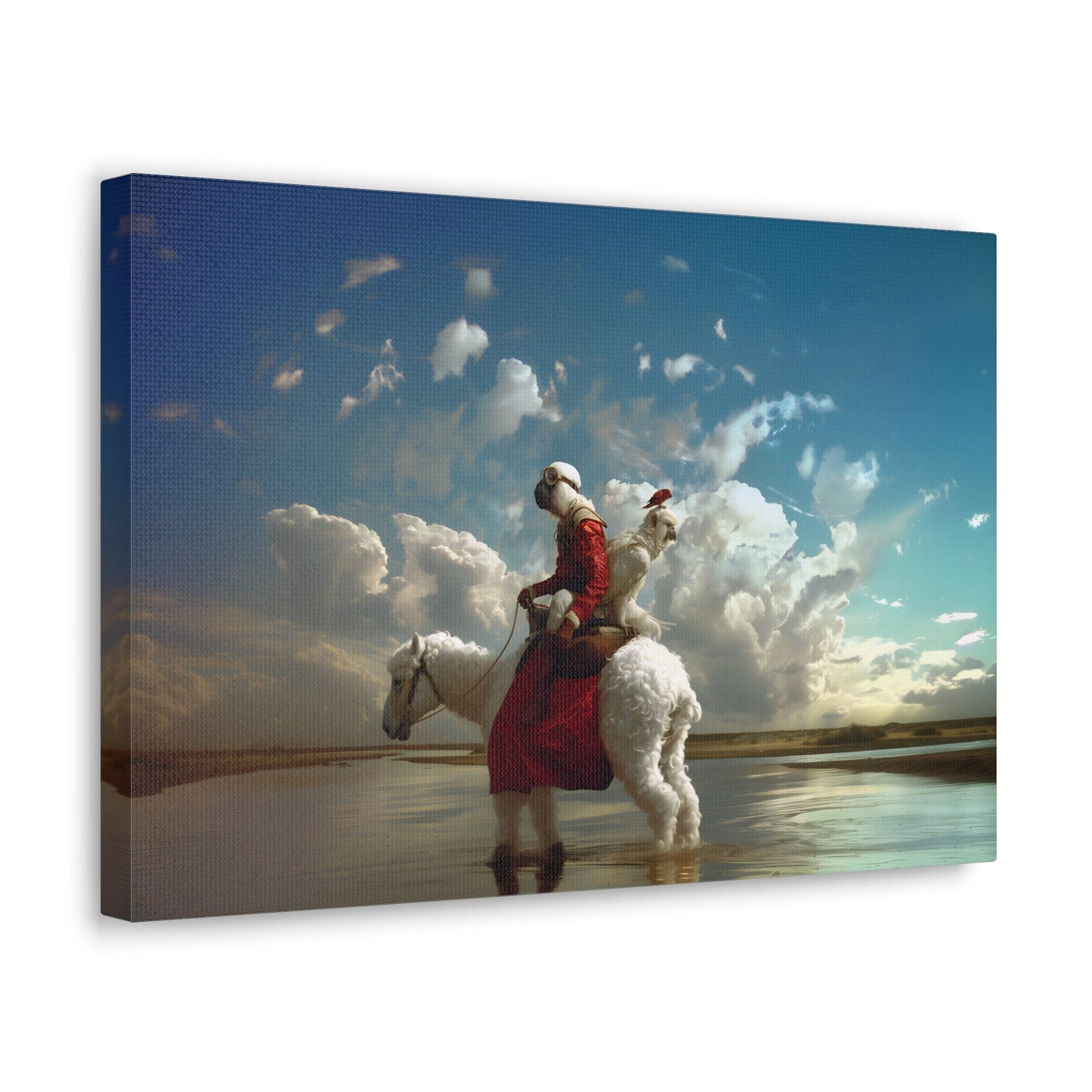 Horizontal-oriented wall art: A surreal photorealistic artwork featuring a monkey dressed in a red top and brown boots riding a white alpaca through shallow water in the desert. The monkey is accompanied by a red bird and a white parrot, all under a cloudy blue sky.