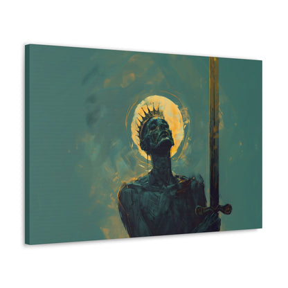 Horizontal-oriented wall art: An undead mummified king stands regally in the desert sands, bathed in the warm golden light of the sun.