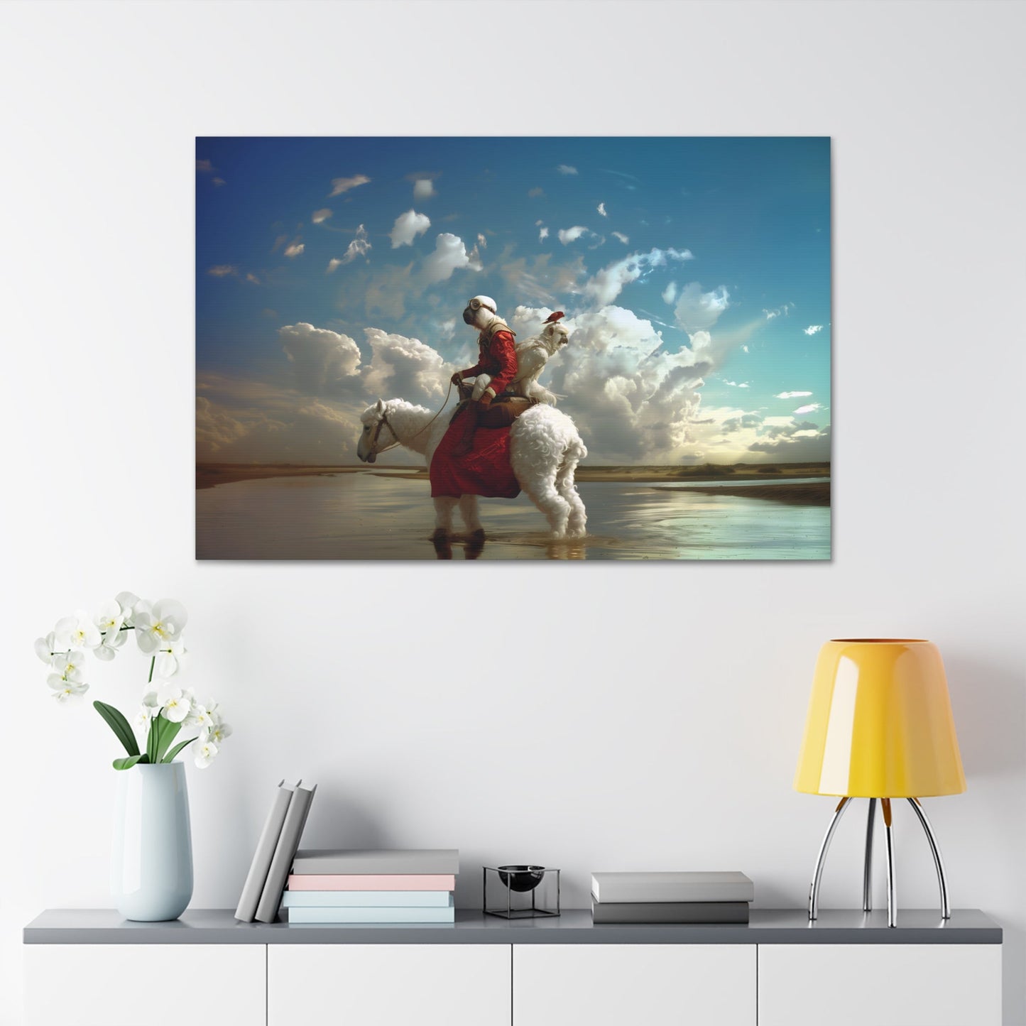 Horizontal-oriented wall art: A surreal photorealistic artwork featuring a monkey dressed in a red top and brown boots riding a white alpaca through shallow water in the desert. The monkey is accompanied by a red bird and a white parrot, all under a cloudy blue sky.