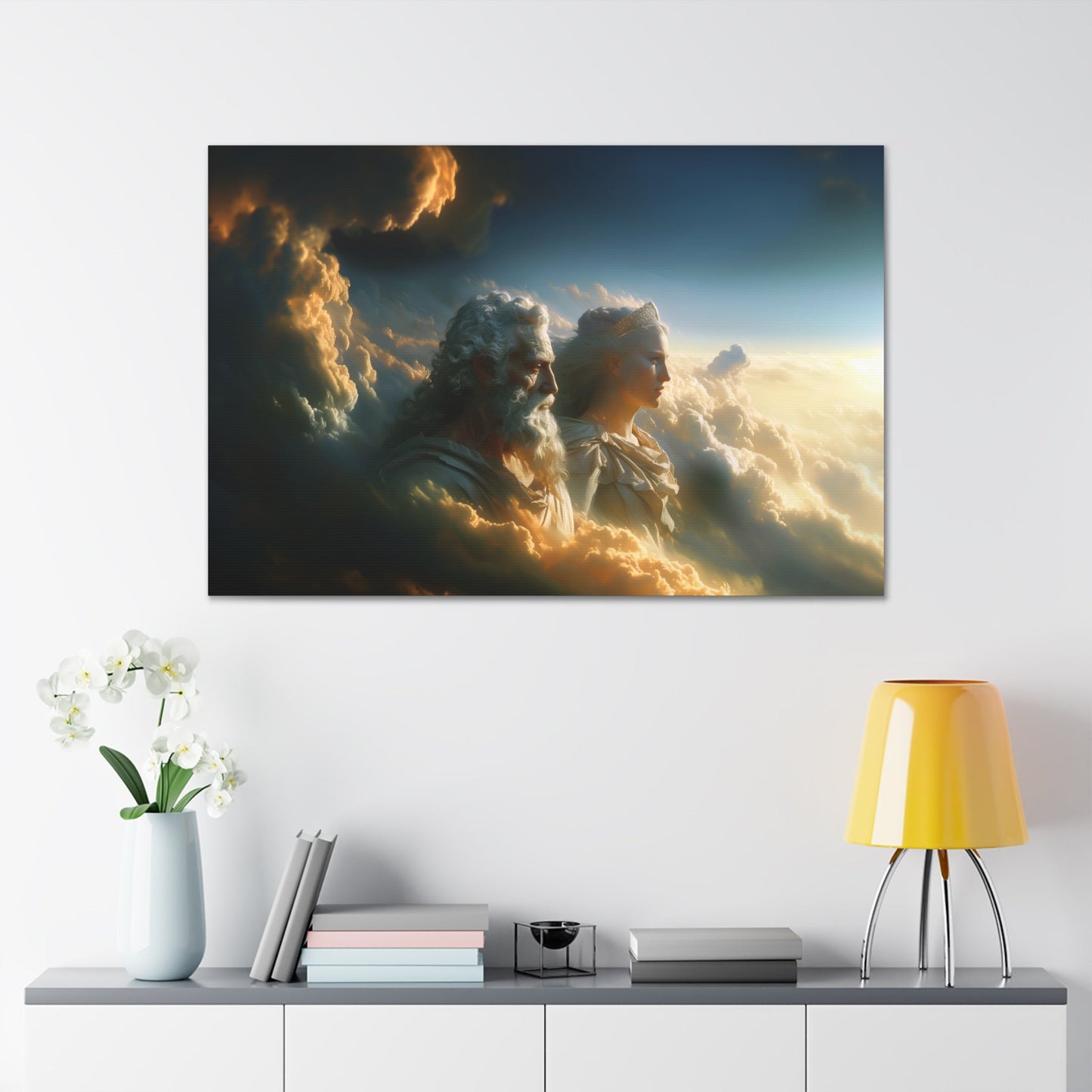 Horizontal-oriented wall art: "Storm of Affection" from the Elysian Legends collection depicts Zeus and Hera in a surreal, tempestuous scene surrounded by swirling clouds and lightning, symbolizing their passionate and conflict-filled love. The dramatic lighting and ethereal elements enhance the divine and mythical atmosphere, drawing viewers into the epic narrative of these Greek gods.