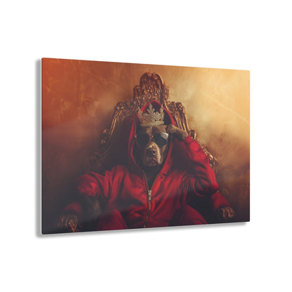 Horizontal-oriented wall art: "Crowned Companion" A regal dog sits on an ornate golden throne wearing a crown, sunglasses, and a red hoodie, exuding confidence and charm. This playful artwork combines luxury with a modern twist, celebrating the noble spirit of pets.