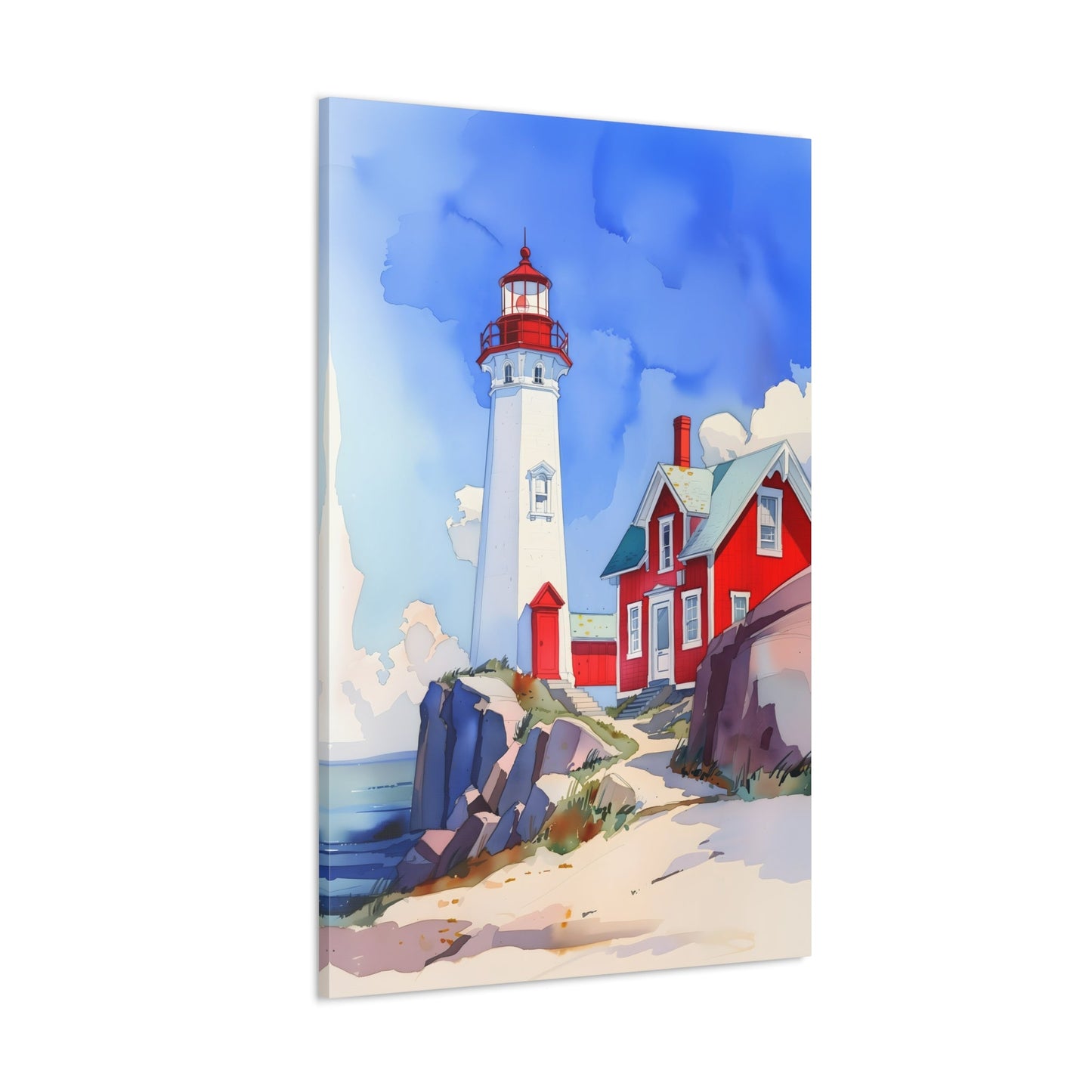 Vertical-oriented wall art: A watercolor-style painting of a lighthouse perched on rocky cliffs overlooking a vast ocean. The sky is painted in shades of blue with wispy white clouds, and the rugged coastline is depicted in intricate detail.