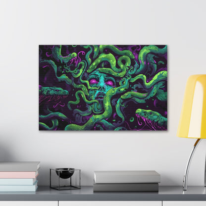 Horizontal-oriented artwork: An eerie digital illustration depicting the mythical figure Medusa, with vivid green and purple hues. Medusa's captivating gaze is surrounded by swirling, eldritch energies, evoking an aura of mystery and allure.