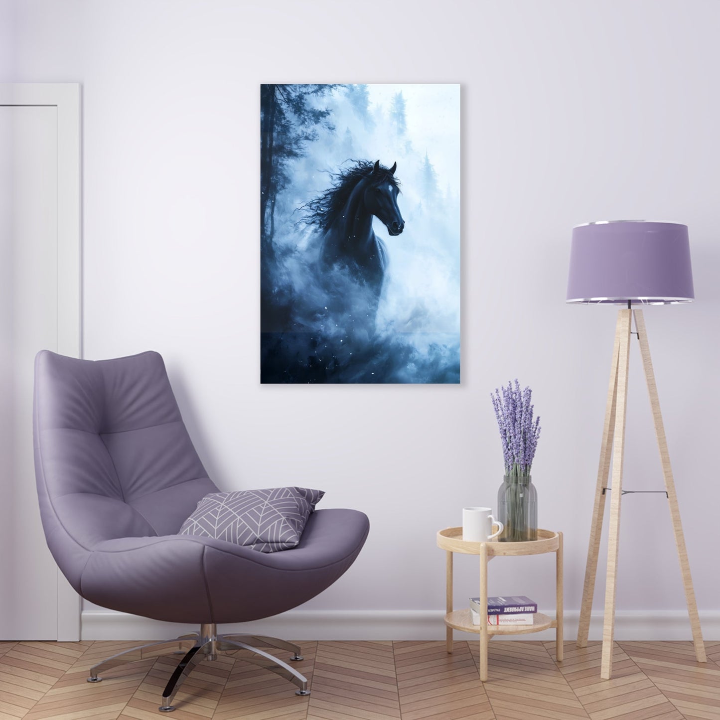 Vertical-oriented wall art: "Shadowed Stallion IV" A powerful black stallion charges through a misty forest, its mane flowing wildly as snow swirls around it. The contrast between the horse's dark figure and the soft, ethereal fog creates a striking, otherworldly scene.