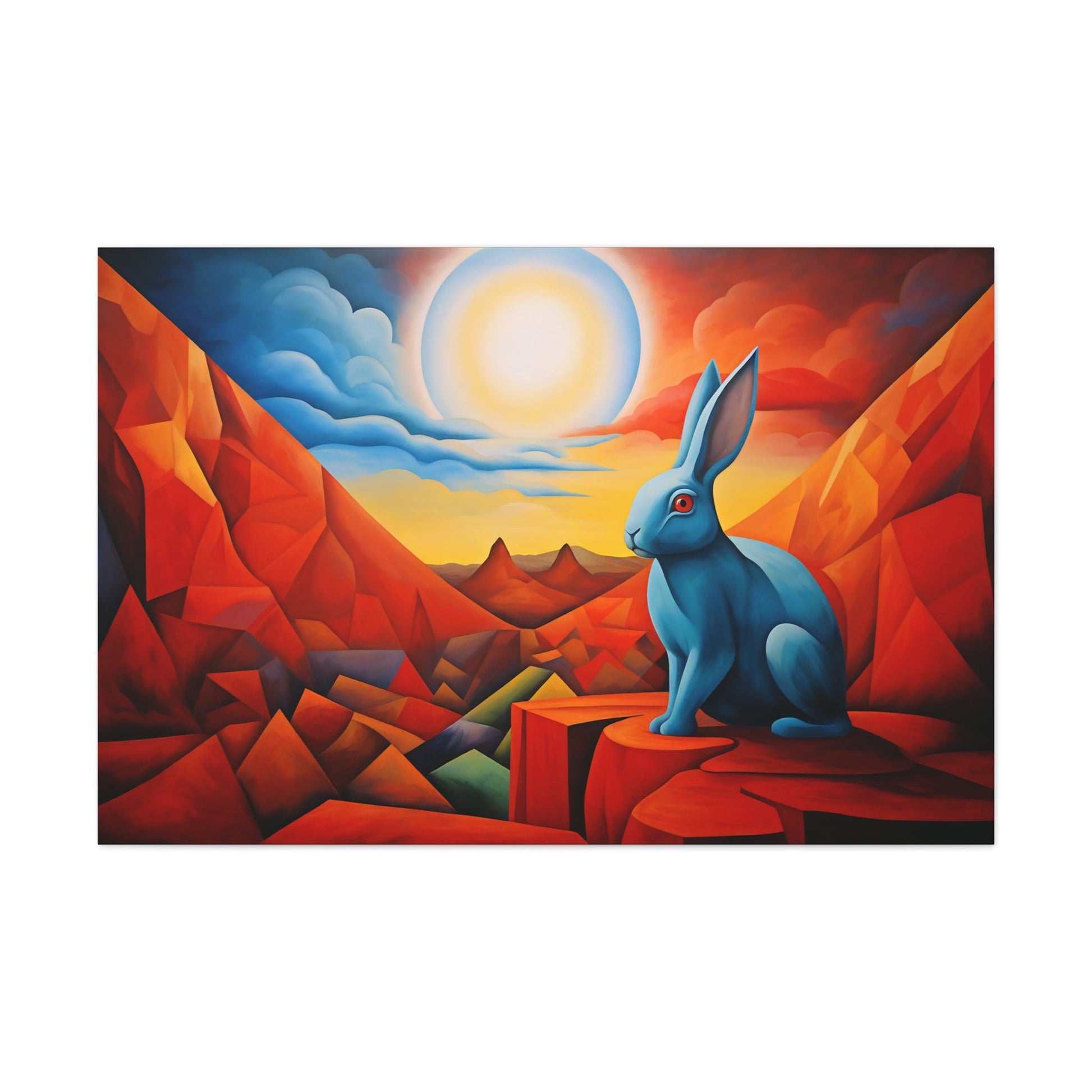 Horizontal-oriented wall art: "Vortic Hare III" features a vibrant blue rabbit sitting calmly on angular red rocks in a surreal, geometric landscape with a glowing sun in the background. The bold contrast of vivid blue, red, and orange tones evokes a dynamic fusion of Vorticism, Cubism, and Surrealism.